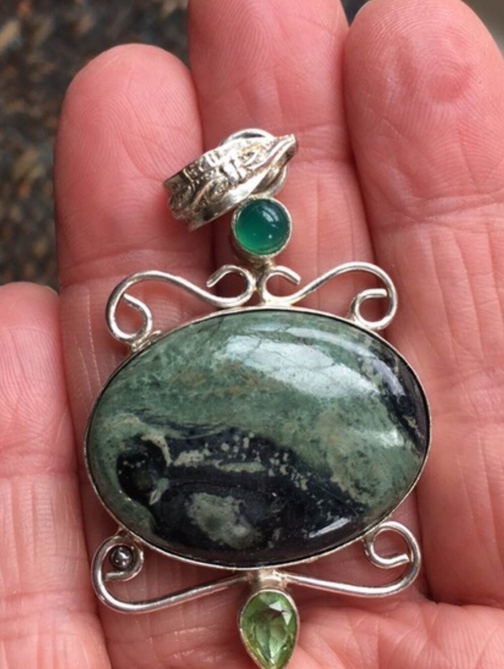 FINAL..Dark Green Jasper Agate Pendant With Peridot Accent 925 Silver